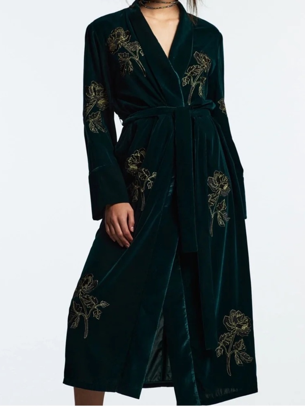 Zara Green Velvet Embroidered Kimono Coat dress